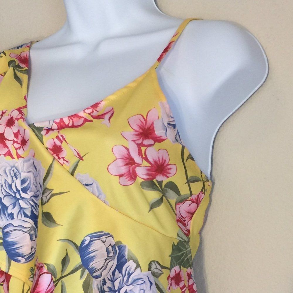 Floral jumpsuit asymetrical wrap top yellow tropical print M - Picture 3 of 11
